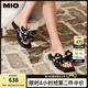 MIO米奧外穿涼拖鞋女2025夏季新款法式方頭蝴蝶結(jié)波點(diǎn)平底一字拖 黑/白色 38 (240mm)