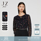玖姿（JUZUI）草莓系帶荷葉邊雪紡上衣春款女四葉草通勤印花小衫 花黑 M