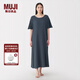 無(wú)印良品（MUJI）女式 楊柳紗織 五分袖連衣裙 睡裙女25年春夏長(cháng)裙FD1LJC5S 煙熏藍色 L （165/88A）