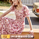 Olrain【七夕】歐芮兒夏季碎花雪紡連衣裙蕾絲拼接復(fù)古提花高腰收腰裙子 粉色印花 M 160/84A