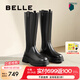 百麗（Belle）七夕禮物增高厚底騎士靴女商場同款真皮時髦長筒靴3NV70DG4 黑色-單里 33 (215mm)