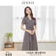 JESSIE雅致碎花V領(lǐng)系帶收腰短袖連衣裙女春夏新 藍色 M