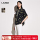 LANDI【桑蠶絲】五分袖印花真絲襯衫女夏季新款飄帶碎花上衣 花色 S