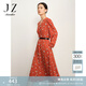 玖姿·安娜蔻V領(lǐng)長(zhǎng)袖復(fù)古抽褶雪紡柿子花印花連衣裙女款 花桔紅 L