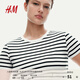 H&M女裝T恤2025秋季新款時(shí)尚修身短袖窄邊領(lǐng)口直筒下擺上衣1260556 白色/條紋 XL 175/116