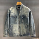 GUANGAN AEPE圈內定制重結構復古水洗機車(chē)立領(lǐng)牛仔外套男士秋季新款美式夾克男 藍色 復古寬松版型 L 130-150斤