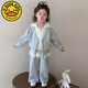 G.DUCKKIDS小黃鴨女童春款2025新款兒童春季韓系假兩件蕾絲帽開衫闊腿褲休閑 灰色-花邊蕾絲套裝 90