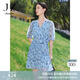 玖姿·安娜蔻V領雪紡連衣裙女裝夏款泡泡袖褶皺感淺藍色裙 花淺藍 M