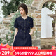 Olrain【七夕】歐芮兒牛仔連衣裙女夏季新款復(fù)古洋氣減齡圓領(lǐng)短裙 普魯士藍(lán) L