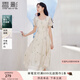 香影碎花方領(lǐng)連衣裙女2025夏裝新款蕾絲邊重工刺繡泡泡袖杏色裙子 杏色 S 155/80A/85-95斤