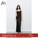 H's緞面極簡(jiǎn)吊帶長(zhǎng)裙夏季新品女裝修身氣質(zhì)高級(jí)一字領(lǐng)連衣長(zhǎng)裙子 黑色 S