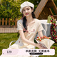 紫涵（ZIHAN）紫涵短款針織T恤女夏季新款蛋糕刺繡小個子修身U型領(lǐng)短袖上衣 米金 S