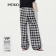 MO&Co.休閑褲2025夏新品天絲綿羊毛抽繩高腰黑白格紋闊腿褲MBE2PAT047 黑白格色 M /165