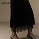 束皙SUSHE 夜吻 法式浪漫 彈力松緊腰蕾絲拼接垂墜絲絨長(cháng)款半身裙