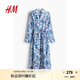 H&M女裝花卉連衣裙夏季優(yōu)雅氣質(zhì)系帶V領(lǐng)長袖中長襯衫連身裙1236832 白色/藍色花卉 170/116 XL