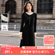 尚都比拉撞色花邊絲絨連衣裙女冬季優(yōu)雅圓領(lǐng)長袖A字裙藏肉顯瘦氣質(zhì)中長裙