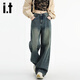 izzue it復古高腰牛仔褲女秋季百搭舒適拖地不貼腿胖mm顯瘦闊腿褲子女