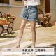 紫涵（ZIHAN）紫涵刺繡復古牛仔短褲女夏季新款高腰寬松顯瘦闊腿卷邊五分褲 淺牛仔藍 M