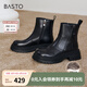百思圖冬季新款商場同款通勤牛皮加絨短靴厚底粗跟女靴ULT04DD4 黑色絨里 37