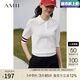 AMII七夕禮物2025秋新款POLO翻領(lǐng)雙曲紗冰麻紗彈力撞色條紋針織衫女 米白 XL (170)