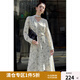 獨(dú)束大碼女裝飄帶裝飾壓褶印花連衣裙2024年秋季新款經(jīng)典V領(lǐng)長(zhǎng)裙 米底黑花 XL (尺碼：3)