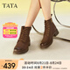 他她（TATA）英倫風(fēng)粗跟馬丁靴女靴羊皮復(fù)古加絨短靴秋冬新款WZQ01DD3 啡色（單里） 35