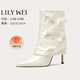 Lily Wei【梧桐漫巷】法式印花蝴蝶結時(shí)裝靴優(yōu)雅氣質(zhì)高跟短靴大碼 米白【跟高10cm】 單層 36