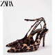 ZARA2025春季新款 女鞋 豹紋印花淺口高跟露跟尖頭穆勒鞋 2236410 豹紋 跟高9cm 36