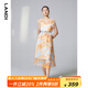 藍地（LANDI）商場(chǎng)同款landi藍地夏季新款荷葉邊V領(lǐng)無(wú)袖藝術(shù)印花連衣裙女 淺橘色 M