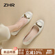 ZHR淺口單鞋女春秋粗跟通勤女鞋優(yōu)雅方扣真牛皮船鞋女 AH378 米色 37