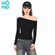 NOMe斜肩長(cháng)袖t恤女2026春季新款露肩修身顯瘦內搭打底上衣 黑色 S