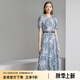 顏域印花短袖連衣裙女裝2024新款夏裝復(fù)古通勤藍(lán)色中長款圓領(lǐng)裙子 藍(lán)花 XL/42