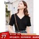 百圖betu女裝春夏新款T恤法式蕾絲花邊V領(lǐng)短袖針織T恤女2402T22 黑色 M