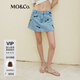 MO&Co.蝴蝶結洗水印花土耳其棉牛仔裙褲短褲美式復古褲子女摩安珂 牛仔藍色-第2批 L 28