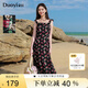 朵以（Duoyi）2025夏季新款度假茶歇法式復(fù)古荷葉邊吊帶裙玫瑰碎花連衣裙 黑底花 S