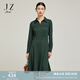 玖姿（JUZUI）JZ玖姿莫代爾羊毛混紡連衣裙女裝冬款柔軟撞色提花裙子 花墨綠 S