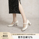 千百度【徐若晗愛你同款】粗高跟鞋羊皮瑪麗珍鞋小香風(fēng)女單鞋百搭 米色 36