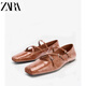 ZARA2025秋季新品 女鞋 褶皺細節裝飾方頭皮革芭蕾鞋 2505610 098 米色 35