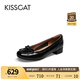 KISSCAT接吻貓船鞋復(fù)古法式平底鞋溫柔蝴蝶結(jié)女士單鞋KA54518-10 黑色 皺紋牛漆皮 36