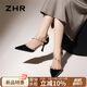 ZHR鉚釘高跟鞋女氣質(zhì)尖頭名媛風(fēng)細跟單鞋性感包頭涼鞋女 IE02 黑色36