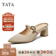 他她（TATA）法式粗跟穆勒鞋女鞋氣質(zhì)尖頭高跟拖鞋2025秋新款XGM02BH5 杏色 37