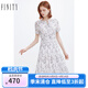 菲妮迪品牌連衣裙夏季新款 白底印花時尚設(shè)計感高腰短袖A字裙 白底印花 M