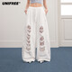 UNIFREE白色破洞休閑彎刀褲蕾絲拼接運動(dòng)風(fēng)復古街舞闊腿衛褲 白色 S