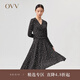OVV2022春夏新款女裝彈力針織面料印花V領(lǐng)優(yōu)雅收腰長(cháng)袖連衣裙 黑色花紋01 XS