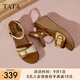 他她（TATA）法式坡跟涼鞋女鞋度假風(fēng)一字帶涼鞋2025夏季新款7MYA1BL5 杏/棕 38