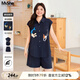 MsShe【原創(chuàng)刺繡襯衫套裝】大碼女裝2025款秋裝胖mm上衣闊腿短褲 藏青藍(lán)色現(xiàn)貨 2XL
