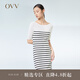 OVV2023春夏新款女裝天絲精紡羊毛混紡條紋短袖針織連衣裙 米白條紋05 M