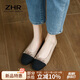ZHR淺口單鞋女平底金屬扣圓頭軟底瑪麗珍鞋女小香風(fēng)真牛皮拼色氣質(zhì)時(shí)裝一腳蹬鞋子女 AH250 杏色 37 