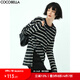 COCOBELLA立體段彩黑白色織條紋長袖T恤女側(cè)開叉休閑上衣TS99 黑白條 XL