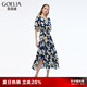 歌莉婭人絲人棉連衣裙女夏季2025新款V領收腰荷葉袖裙子1E6R4K880 0DD靜謐藍影橘子花印花 S